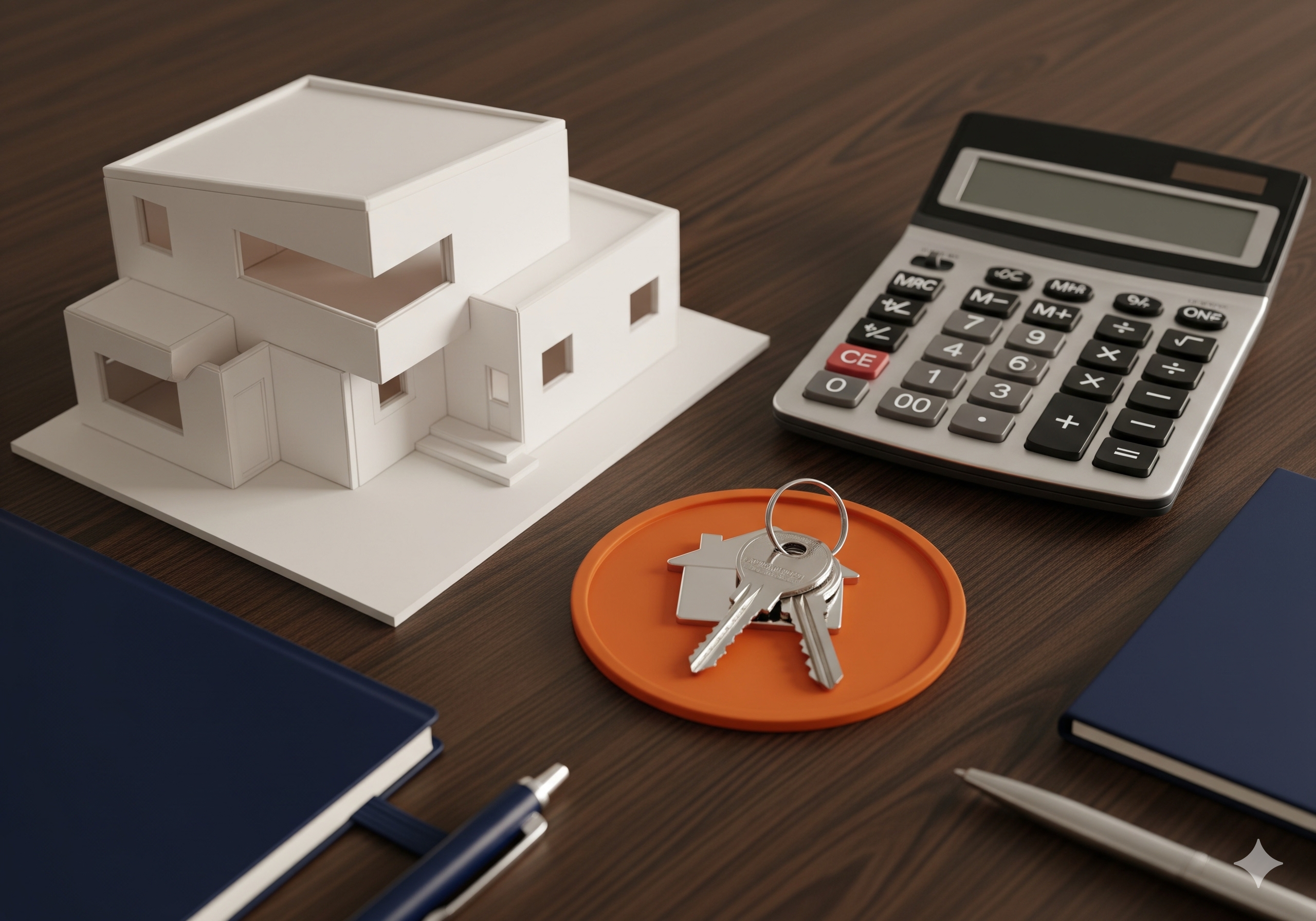 Professional workspace featuring a modern house model, keys, and financial tools in navy blue and orange.