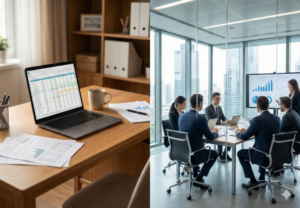 A split-screen photograph comparing business structures. The left shows a cozy home office representing self-employment, and the right shows a corporate boardroom meeting representing an incorporated business.