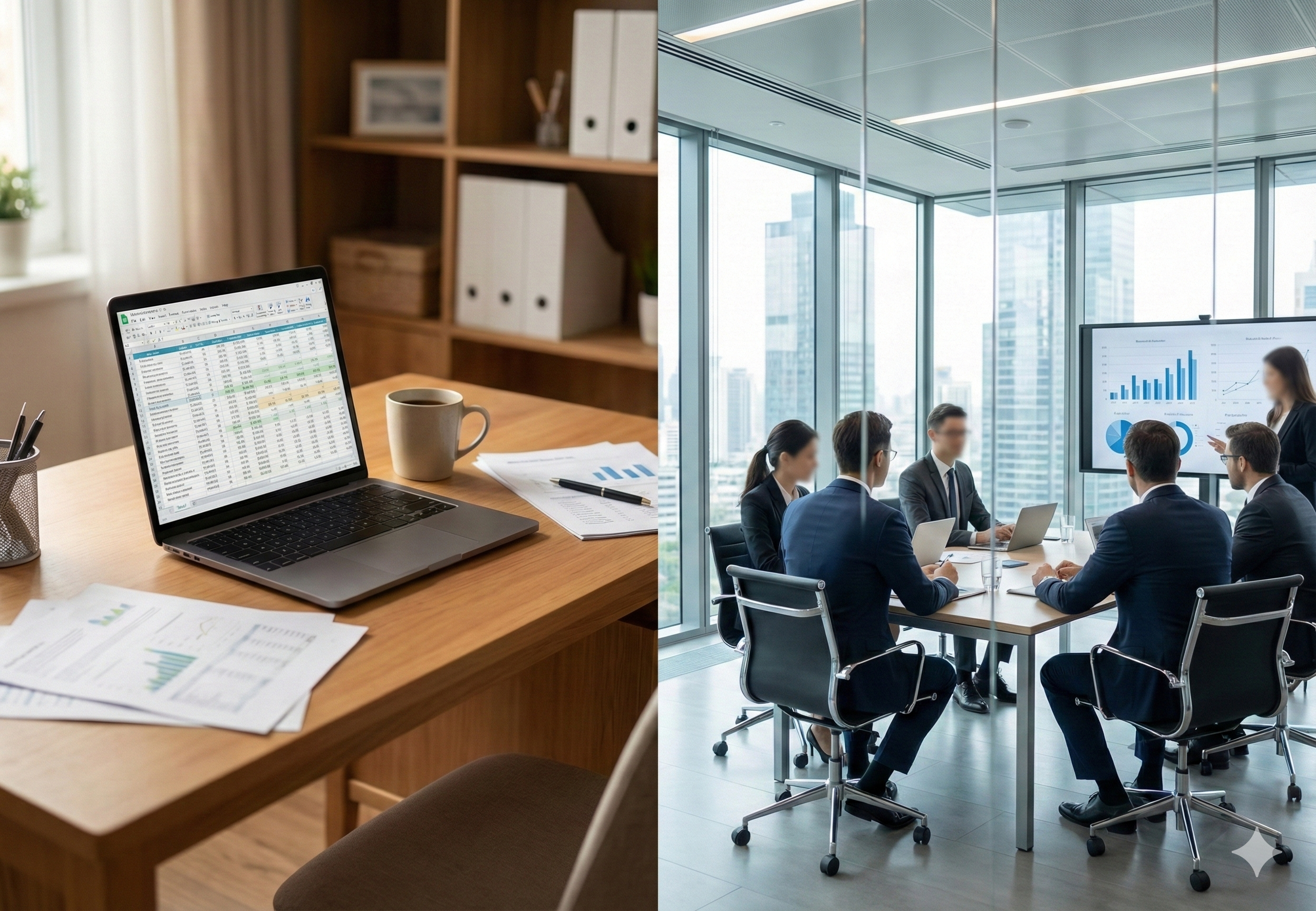 A split-screen photograph comparing business structures. The left shows a cozy home office representing self-employment, and the right shows a corporate boardroom meeting representing an incorporated business.