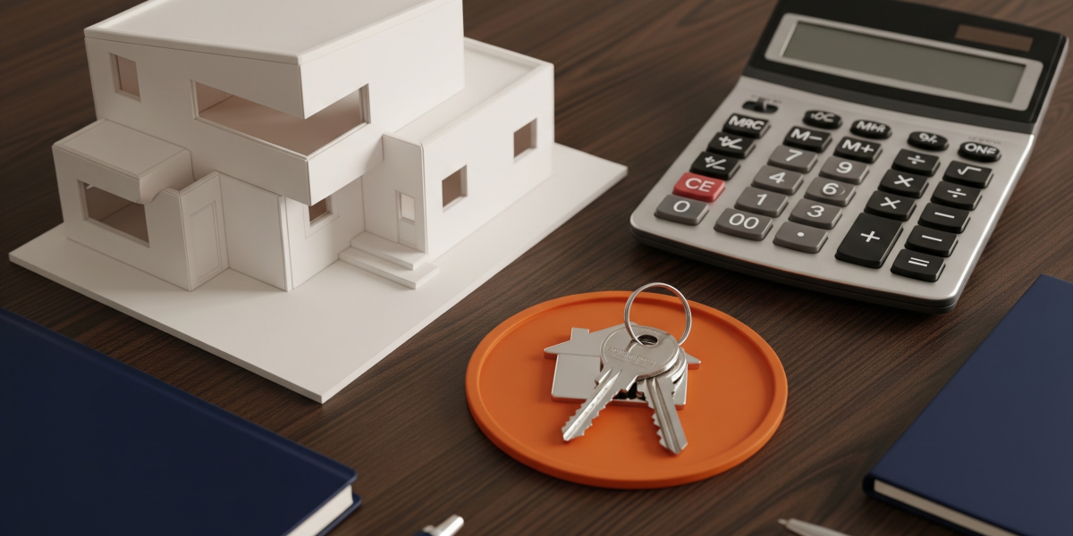 Professional workspace featuring a modern house model, keys, and financial tools in navy blue and orange.