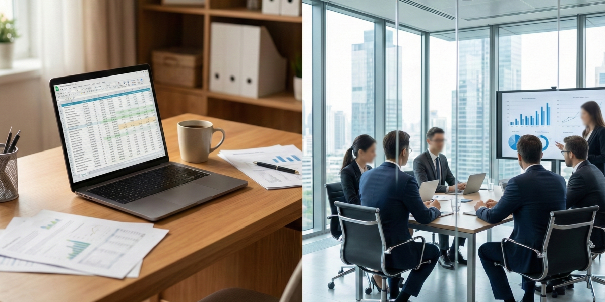 A split-screen photograph comparing business structures. The left shows a cozy home office representing self-employment, and the right shows a corporate boardroom meeting representing an incorporated business.